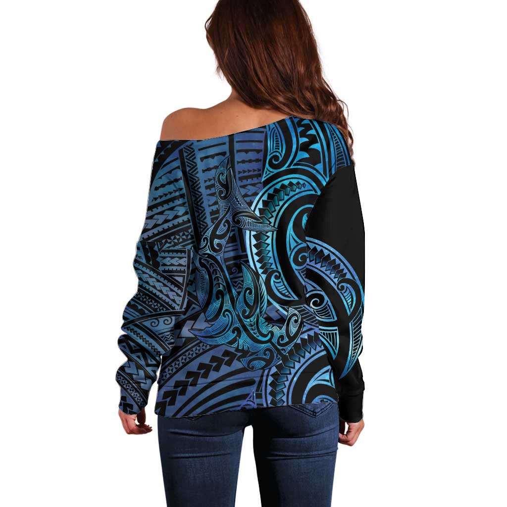 New Zealand Hammerhead Shark Off Shoulder Sweater Maori Haehae Mangopare Galaxy - Aussie Hoodie