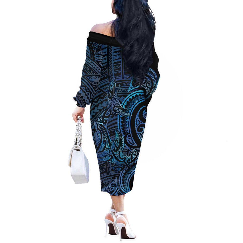 New Zealand Hammerhead Shark Off The Shoulder Long Sleeve Dress Maori Haehae Mangopare Galaxy - Aussie Hoodie