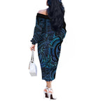 New Zealand Hammerhead Shark Off The Shoulder Long Sleeve Dress Maori Haehae Mangopare Galaxy - Aussie Hoodie