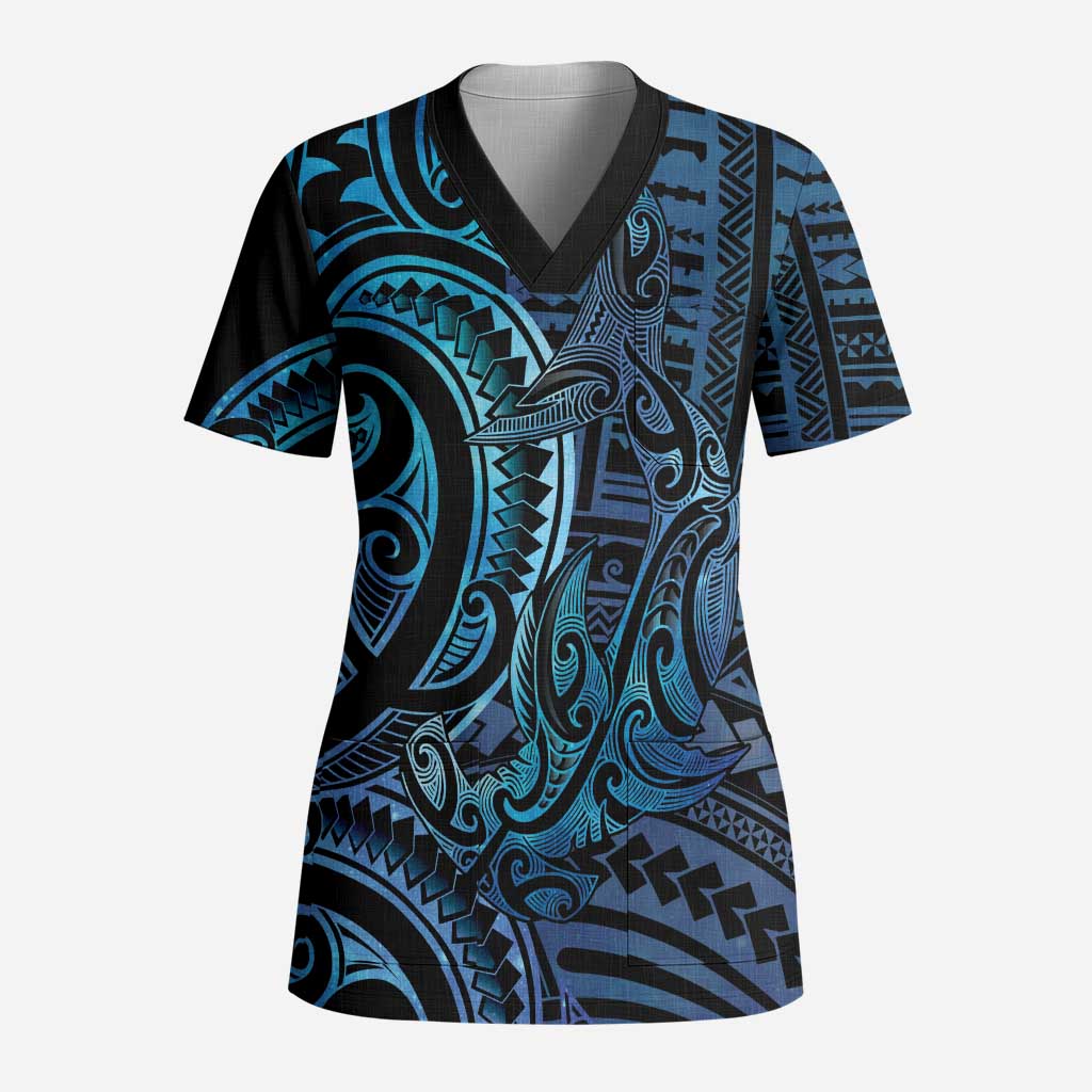 New Zealand Hammerhead Shark Scrub Top Maori Haehae Mangopare Galaxy - Aussie Hoodie