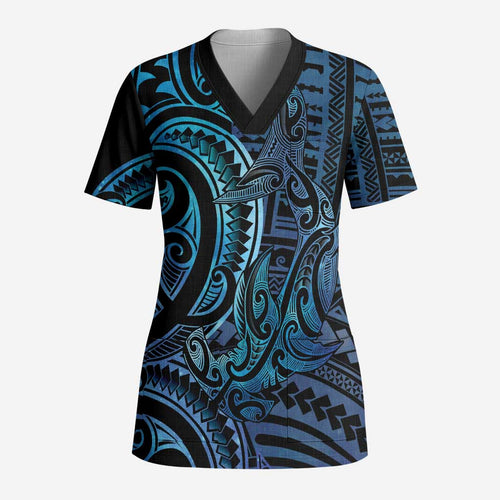 New Zealand Hammerhead Shark Scrub Top Maori Haehae Mangopare Galaxy - Aussie Hoodie