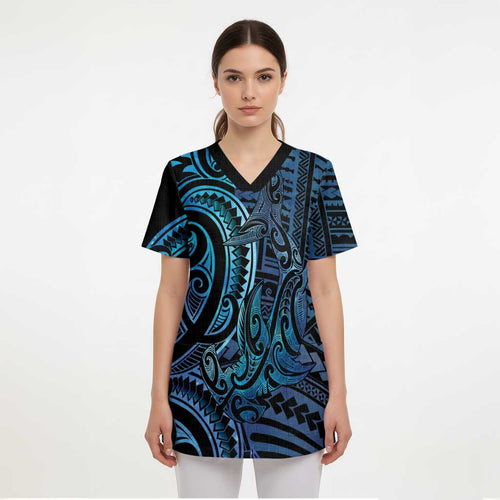New Zealand Hammerhead Shark Scrub Top Maori Haehae Mangopare Galaxy - Aussie Hoodie