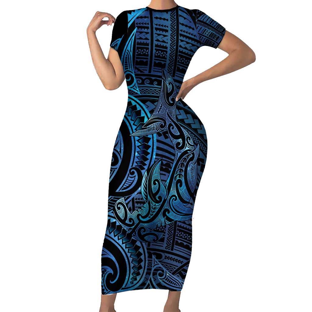 New Zealand Hammerhead Shark Short Sleeve Bodycon Dress Maori Haehae Mangopare Galaxy - Aussie Hoodie