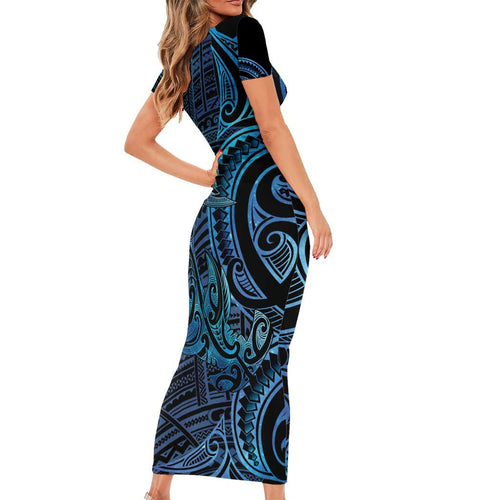 New Zealand Hammerhead Shark Short Sleeve Bodycon Dress Maori Haehae Mangopare Galaxy - Aussie Hoodie