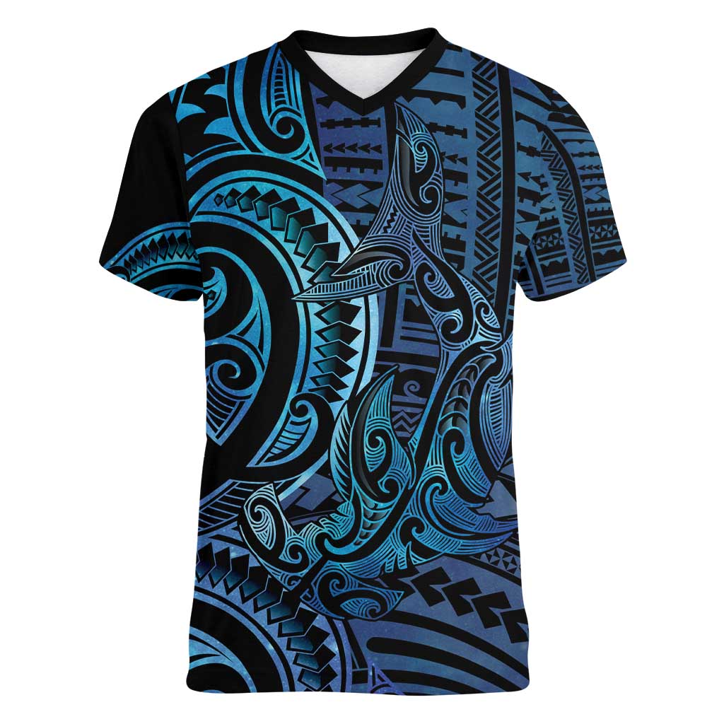 New Zealand Hammerhead Shark Women V-Neck T-Shirt Maori Haehae Mangopare Galaxy - Aussie Hoodie