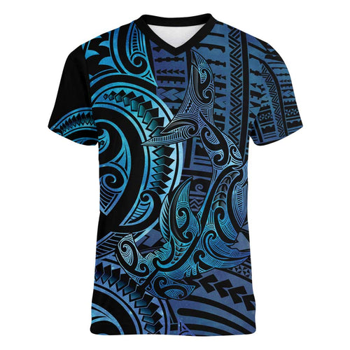 New Zealand Hammerhead Shark Women V-Neck T-Shirt Maori Haehae Mangopare Galaxy - Aussie Hoodie