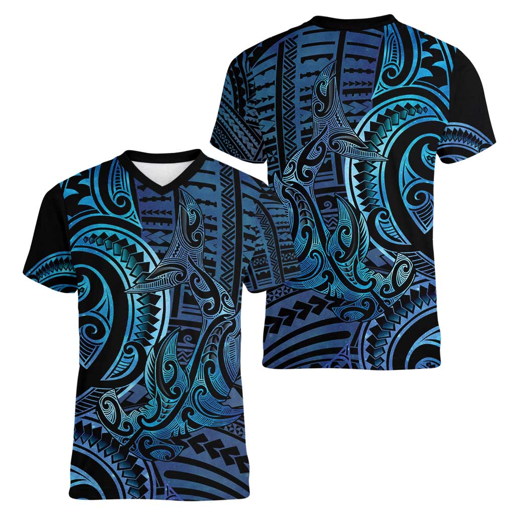 New Zealand Hammerhead Shark Women V-Neck T-Shirt Maori Haehae Mangopare Galaxy - Aussie Hoodie