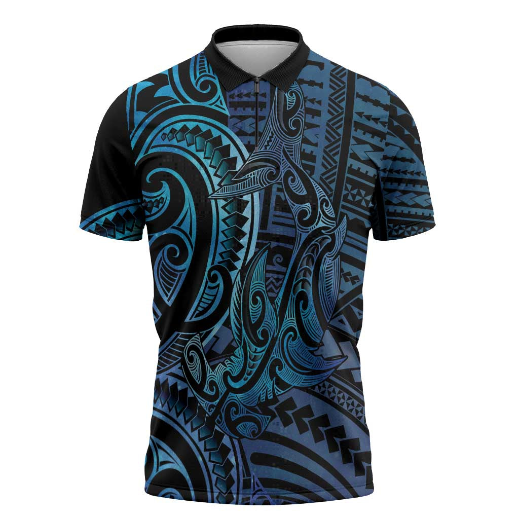New Zealand Hammerhead Shark Zipper Polo Shirt Maori Haehae Mangopare Galaxy - Aussie Hoodie