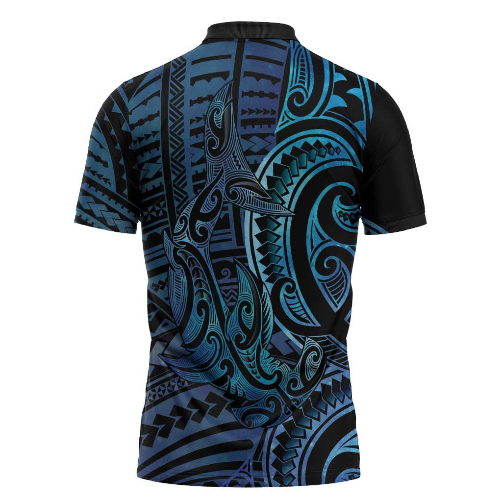 New Zealand Hammerhead Shark Zipper Polo Shirt Maori Haehae Mangopare Galaxy - Aussie Hoodie