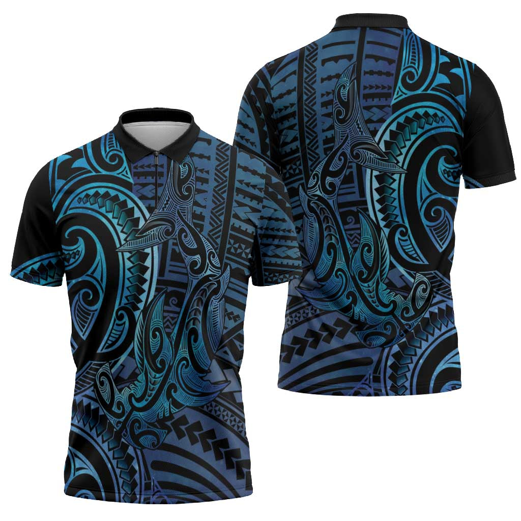 New Zealand Hammerhead Shark Zipper Polo Shirt Maori Haehae Mangopare Galaxy - Aussie Hoodie