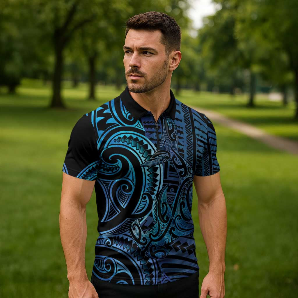 New Zealand Hammerhead Shark Zipper Polo Shirt Maori Haehae Mangopare Galaxy - Aussie Hoodie