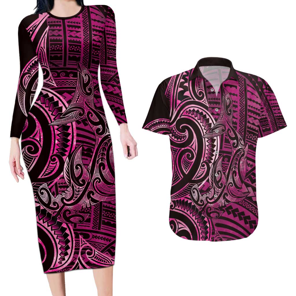 New Zealand Hammerhead Shark Couples Matching Long Sleeve Bodycon Dress and Hawaiian Shirt Maori Haehae Mangopare Pink - Aussie Hoodie