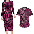 New Zealand Hammerhead Shark Couples Matching Long Sleeve Bodycon Dress and Hawaiian Shirt Maori Haehae Mangopare Pink - Aussie Hoodie