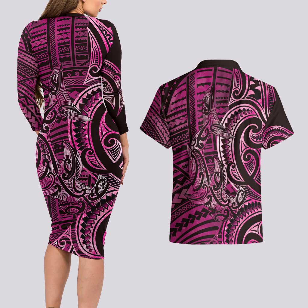New Zealand Hammerhead Shark Couples Matching Long Sleeve Bodycon Dress and Hawaiian Shirt Maori Haehae Mangopare Pink - Aussie Hoodie