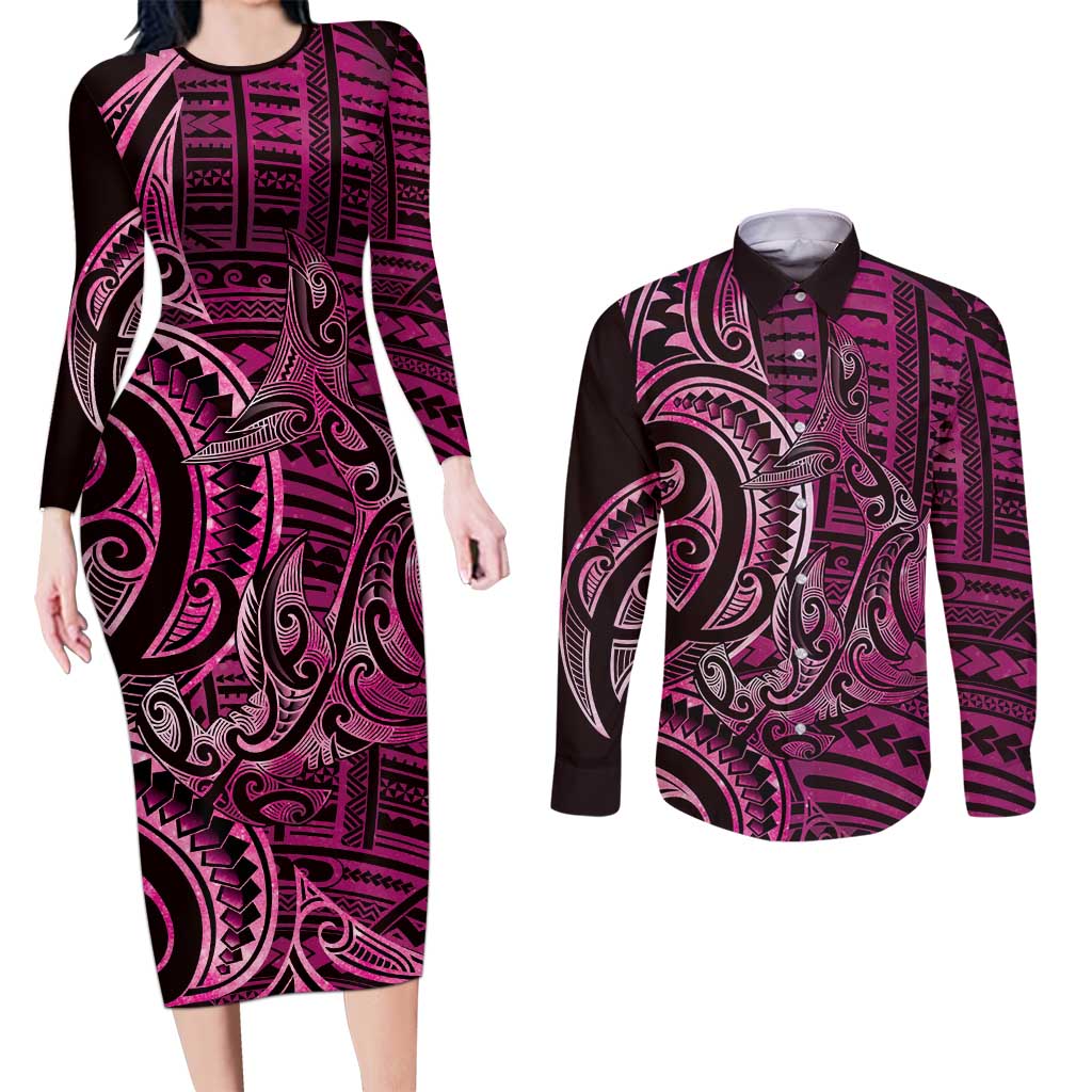 New Zealand Hammerhead Shark Couples Matching Long Sleeve Bodycon Dress and Long Sleeve Button Shirt Maori Haehae Mangopare Pink - Aussie Hoodie