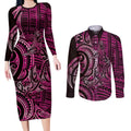 New Zealand Hammerhead Shark Couples Matching Long Sleeve Bodycon Dress and Long Sleeve Button Shirt Maori Haehae Mangopare Pink - Aussie Hoodie