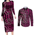 New Zealand Hammerhead Shark Couples Matching Long Sleeve Bodycon Dress and Long Sleeve Button Shirt Maori Haehae Mangopare Pink - Aussie Hoodie