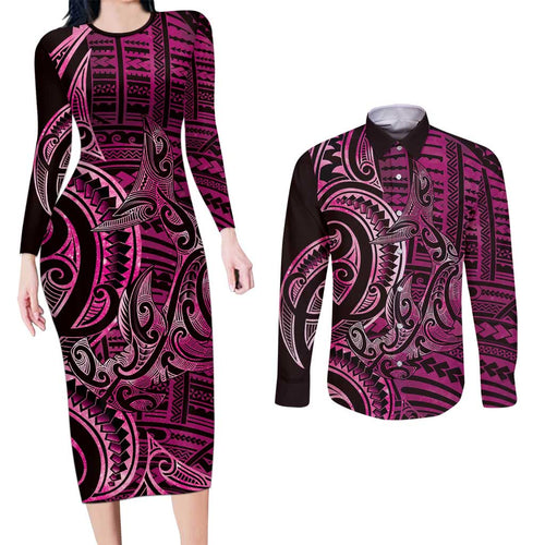 New Zealand Hammerhead Shark Couples Matching Long Sleeve Bodycon Dress and Long Sleeve Button Shirt Maori Haehae Mangopare Pink - Aussie Hoodie