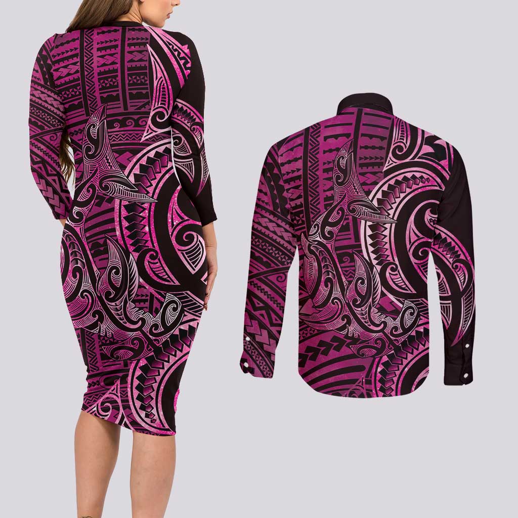New Zealand Hammerhead Shark Couples Matching Long Sleeve Bodycon Dress and Long Sleeve Button Shirt Maori Haehae Mangopare Pink - Aussie Hoodie
