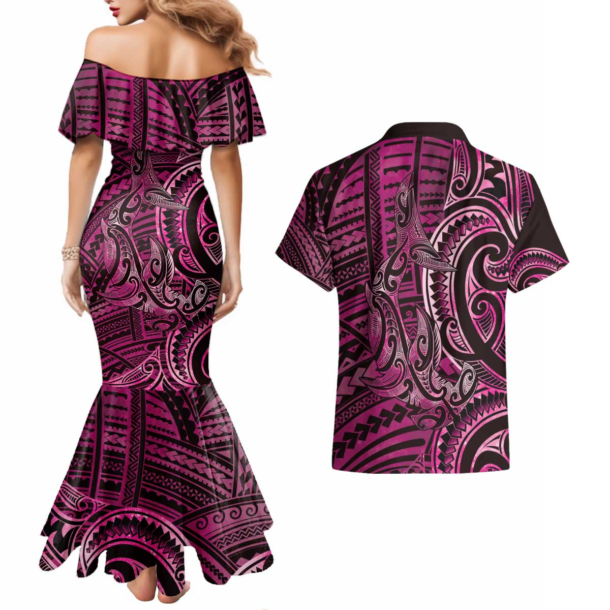 New Zealand Hammerhead Shark Couples Matching Mermaid Dress and Hawaiian Shirt Maori Haehae Mangopare Pink - Aussie Hoodie