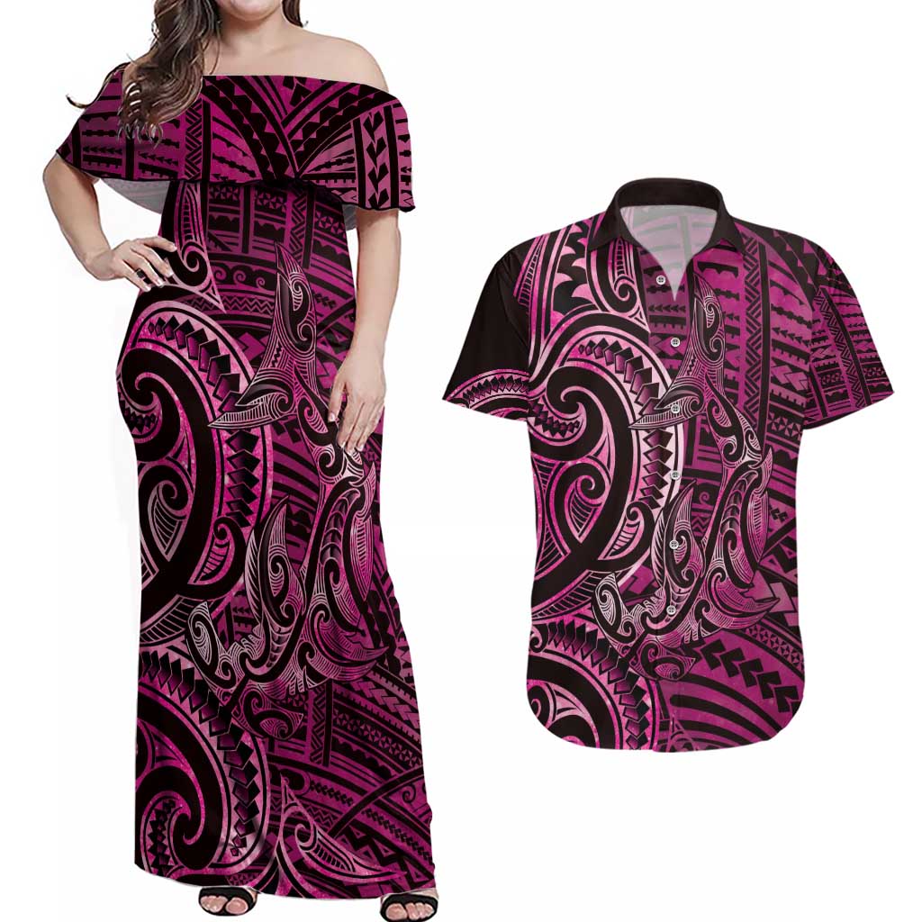 New Zealand Hammerhead Shark Couples Matching Off Shoulder Maxi Dress and Hawaiian Shirt Maori Haehae Mangopare Pink - Aussie Hoodie