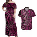 New Zealand Hammerhead Shark Couples Matching Off Shoulder Maxi Dress and Hawaiian Shirt Maori Haehae Mangopare Pink - Aussie Hoodie