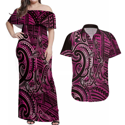 New Zealand Hammerhead Shark Couples Matching Off Shoulder Maxi Dress and Hawaiian Shirt Maori Haehae Mangopare Pink - Aussie Hoodie