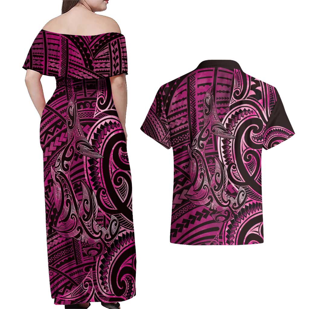 New Zealand Hammerhead Shark Couples Matching Off Shoulder Maxi Dress and Hawaiian Shirt Maori Haehae Mangopare Pink - Aussie Hoodie