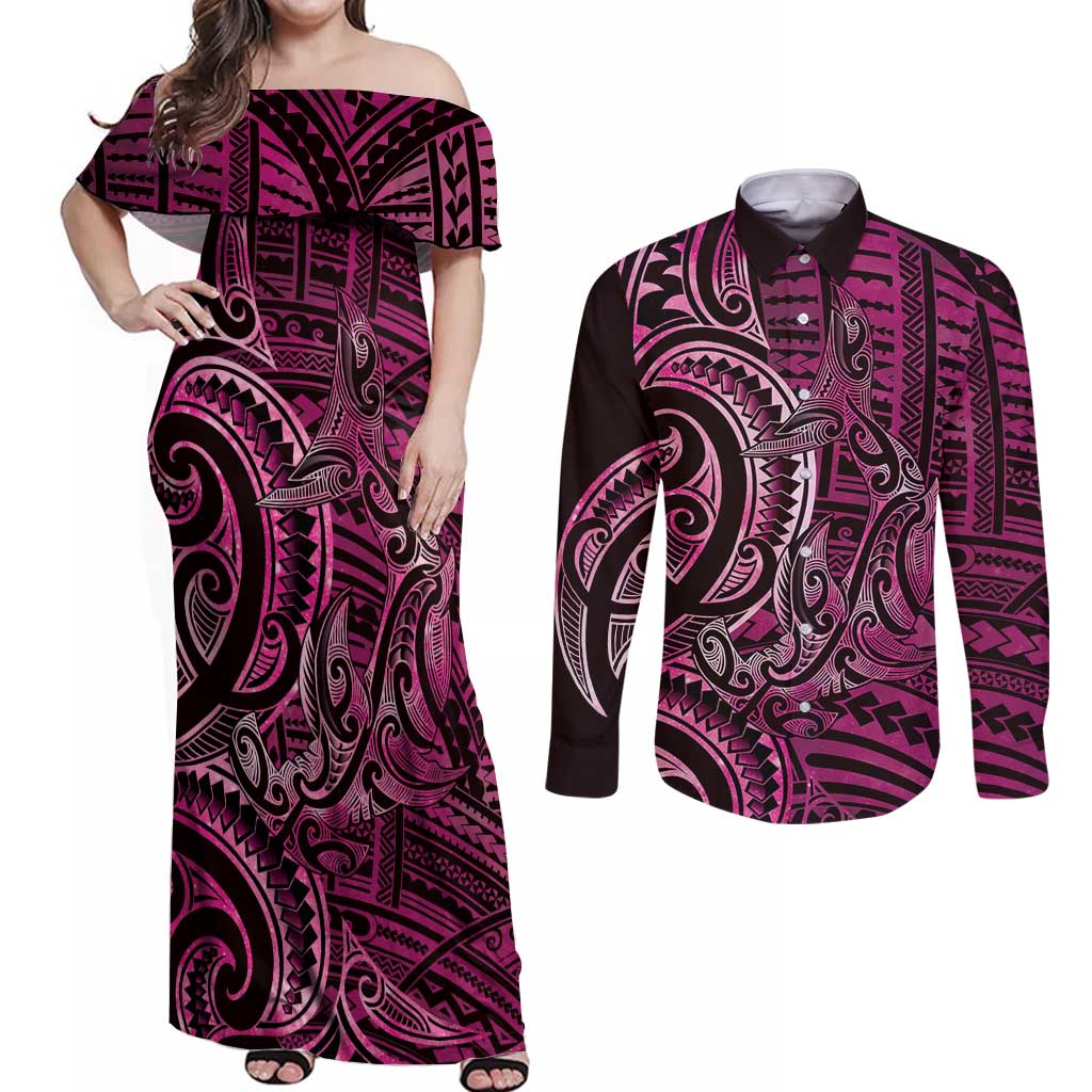 New Zealand Hammerhead Shark Couples Matching Off Shoulder Maxi Dress and Long Sleeve Button Shirt Maori Haehae Mangopare Pink - Aussie Hoodie
