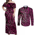 New Zealand Hammerhead Shark Couples Matching Off Shoulder Maxi Dress and Long Sleeve Button Shirt Maori Haehae Mangopare Pink - Aussie Hoodie