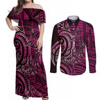 New Zealand Hammerhead Shark Couples Matching Off Shoulder Maxi Dress and Long Sleeve Button Shirt Maori Haehae Mangopare Pink - Aussie Hoodie