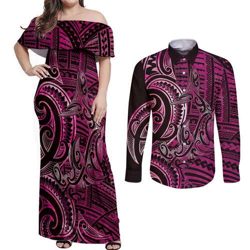 New Zealand Hammerhead Shark Couples Matching Off Shoulder Maxi Dress and Long Sleeve Button Shirt Maori Haehae Mangopare Pink - Aussie Hoodie