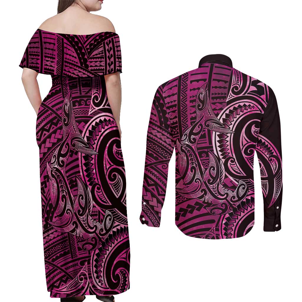 New Zealand Hammerhead Shark Couples Matching Off Shoulder Maxi Dress and Long Sleeve Button Shirt Maori Haehae Mangopare Pink - Aussie Hoodie