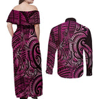 New Zealand Hammerhead Shark Couples Matching Off Shoulder Maxi Dress and Long Sleeve Button Shirt Maori Haehae Mangopare Pink - Aussie Hoodie