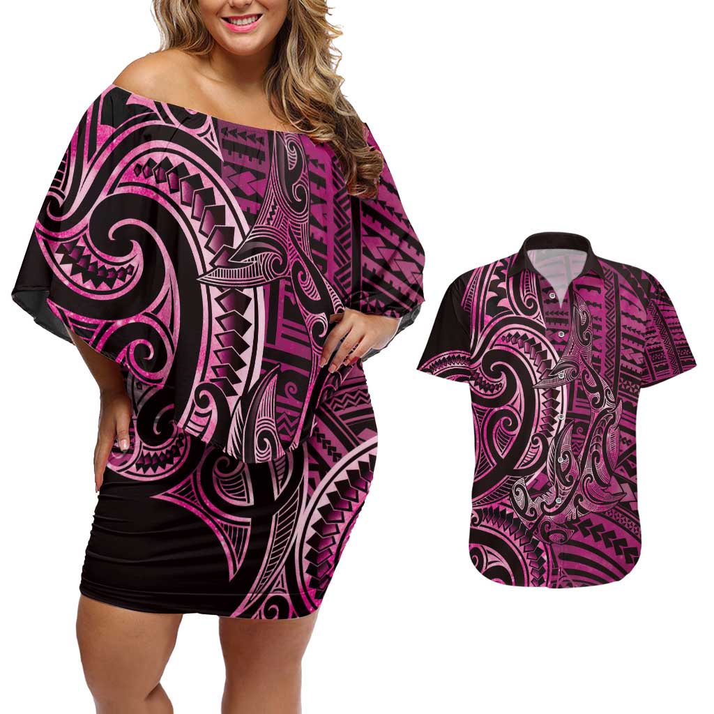 New Zealand Hammerhead Shark Couples Matching Off Shoulder Short Dress and Hawaiian Shirt Maori Haehae Mangopare Pink - Aussie Hoodie