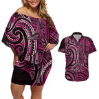 New Zealand Hammerhead Shark Couples Matching Off Shoulder Short Dress and Hawaiian Shirt Maori Haehae Mangopare Pink - Aussie Hoodie