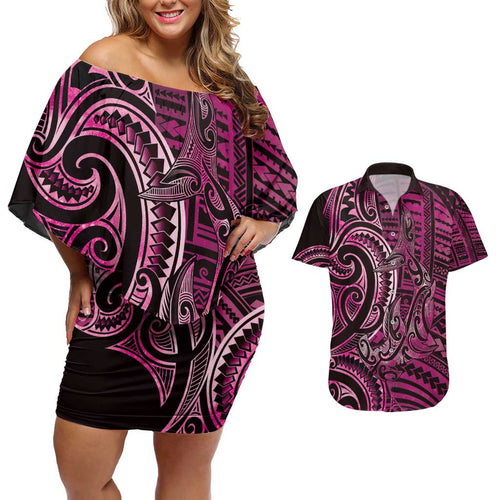 New Zealand Hammerhead Shark Couples Matching Off Shoulder Short Dress and Hawaiian Shirt Maori Haehae Mangopare Pink - Aussie Hoodie