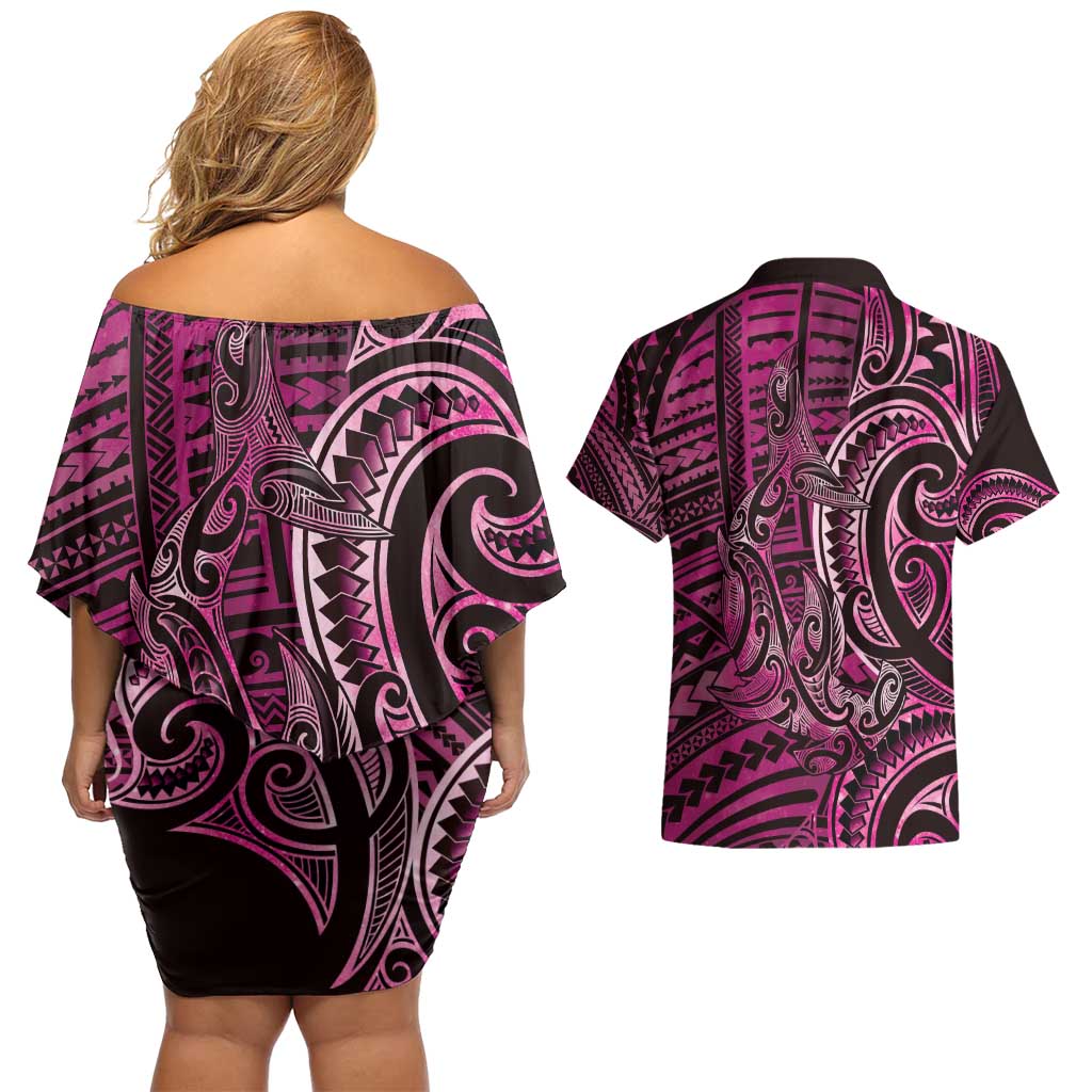 New Zealand Hammerhead Shark Couples Matching Off Shoulder Short Dress and Hawaiian Shirt Maori Haehae Mangopare Pink - Aussie Hoodie