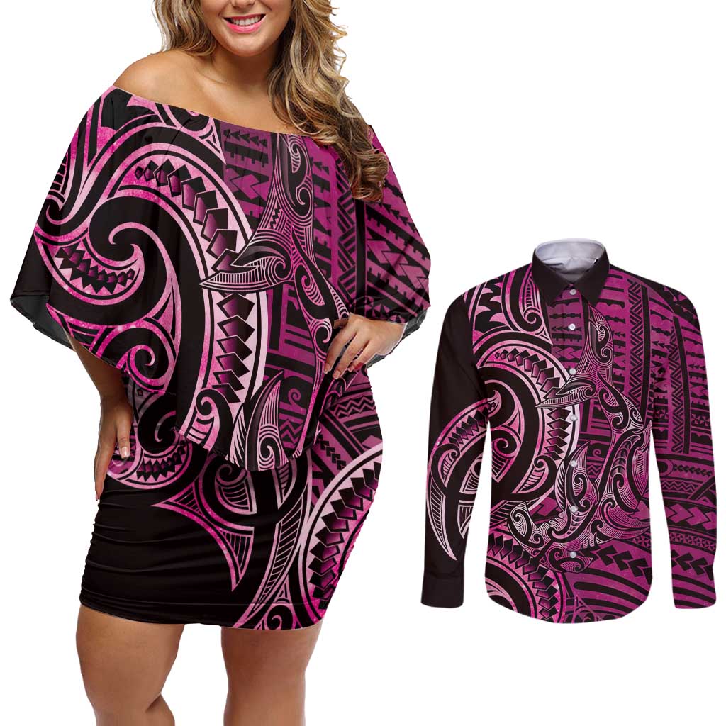 New Zealand Hammerhead Shark Couples Matching Off Shoulder Short Dress and Long Sleeve Button Shirt Maori Haehae Mangopare Pink - Aussie Hoodie