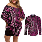 New Zealand Hammerhead Shark Couples Matching Off Shoulder Short Dress and Long Sleeve Button Shirt Maori Haehae Mangopare Pink - Aussie Hoodie