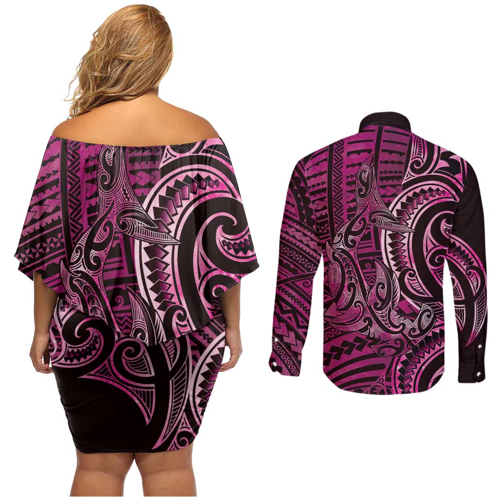 New Zealand Hammerhead Shark Couples Matching Off Shoulder Short Dress and Long Sleeve Button Shirt Maori Haehae Mangopare Pink - Aussie Hoodie