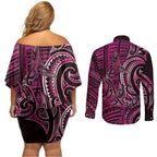 New Zealand Hammerhead Shark Couples Matching Off Shoulder Short Dress and Long Sleeve Button Shirt Maori Haehae Mangopare Pink - Aussie Hoodie