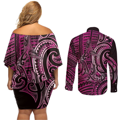 New Zealand Hammerhead Shark Couples Matching Off Shoulder Short Dress and Long Sleeve Button Shirt Maori Haehae Mangopare Pink - Aussie Hoodie