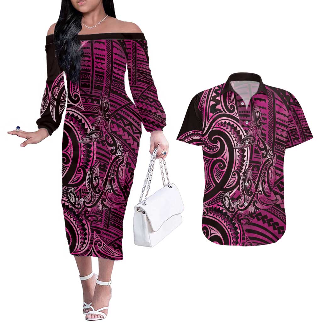 New Zealand Hammerhead Shark Couples Matching Off The Shoulder Long Sleeve Dress and Hawaiian Shirt Maori Haehae Mangopare Pink - Aussie Hoodie