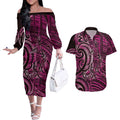 New Zealand Hammerhead Shark Couples Matching Off The Shoulder Long Sleeve Dress and Hawaiian Shirt Maori Haehae Mangopare Pink - Aussie Hoodie
