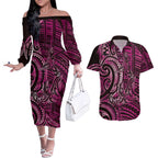 New Zealand Hammerhead Shark Couples Matching Off The Shoulder Long Sleeve Dress and Hawaiian Shirt Maori Haehae Mangopare Pink - Aussie Hoodie