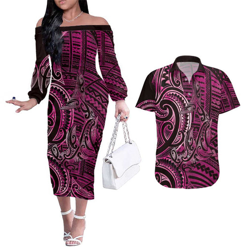 New Zealand Hammerhead Shark Couples Matching Off The Shoulder Long Sleeve Dress and Hawaiian Shirt Maori Haehae Mangopare Pink - Aussie Hoodie