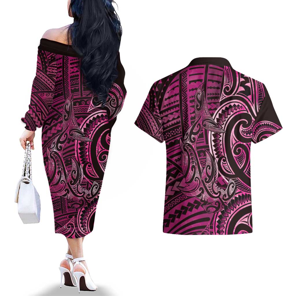 New Zealand Hammerhead Shark Couples Matching Off The Shoulder Long Sleeve Dress and Hawaiian Shirt Maori Haehae Mangopare Pink - Aussie Hoodie