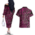 New Zealand Hammerhead Shark Couples Matching Off The Shoulder Long Sleeve Dress and Hawaiian Shirt Maori Haehae Mangopare Pink - Aussie Hoodie