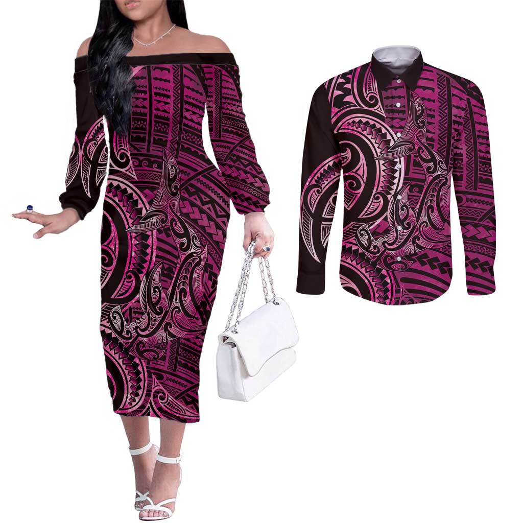 New Zealand Hammerhead Shark Couples Matching Off The Shoulder Long Sleeve Dress and Long Sleeve Button Shirt Maori Haehae Mangopare Pink - Aussie Hoodie